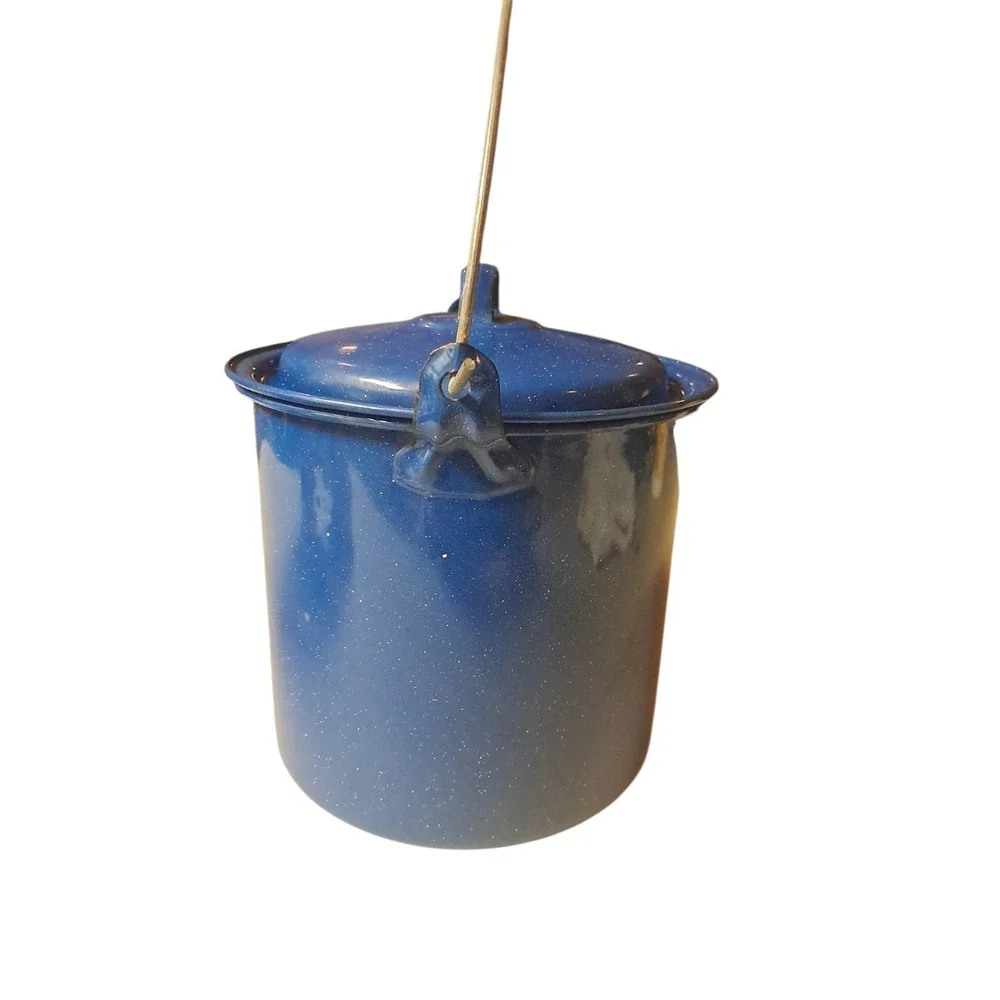 Vintage Blue Speckled Enamelware Pot With Lid & Bail Handle